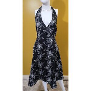Black and White Floral Embroidered Halter Midi Dress XL 60s Twee Retro